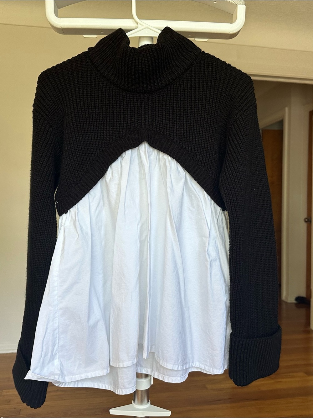 Maeve Black Cropped Turtleneck Sweater with White Shirt Panel XS